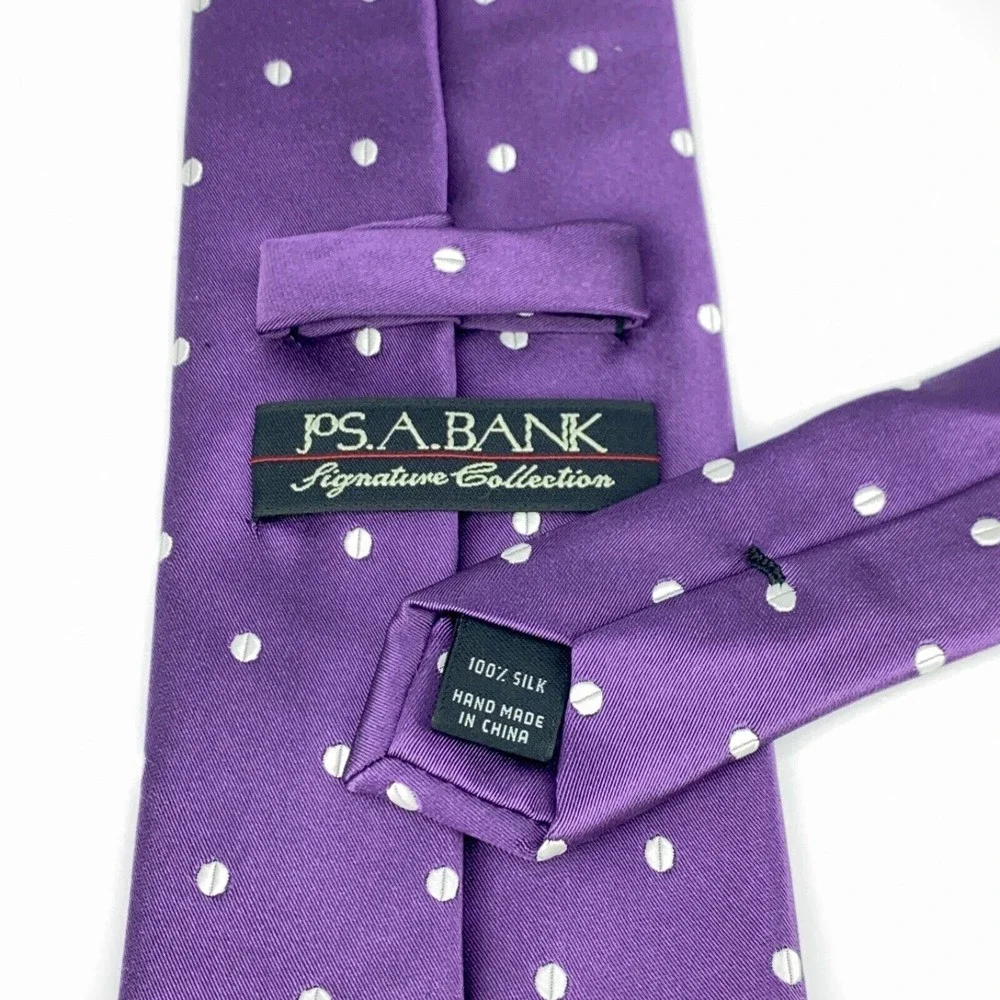 JOS A BANK Signature Collection Purple White Polka Dots Silk Hand Made Necktie